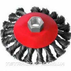 Щетка коническая (блюдце) 100мм для УШМ М14 (витая) Щетка коническая (блюдце) 100мм для УШМ М14 (витая)